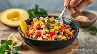 Mixing Mango Bean Salad with Fresh Ingredients