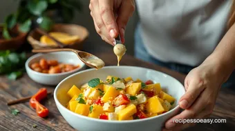 Mixing Mango Salad with Lime Dressing