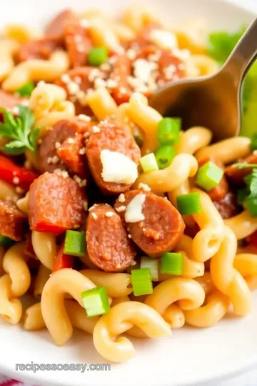 BBQ Kielbasa Pasta Salad with Sweet Golden Mustard Barbecue Sauce presentation