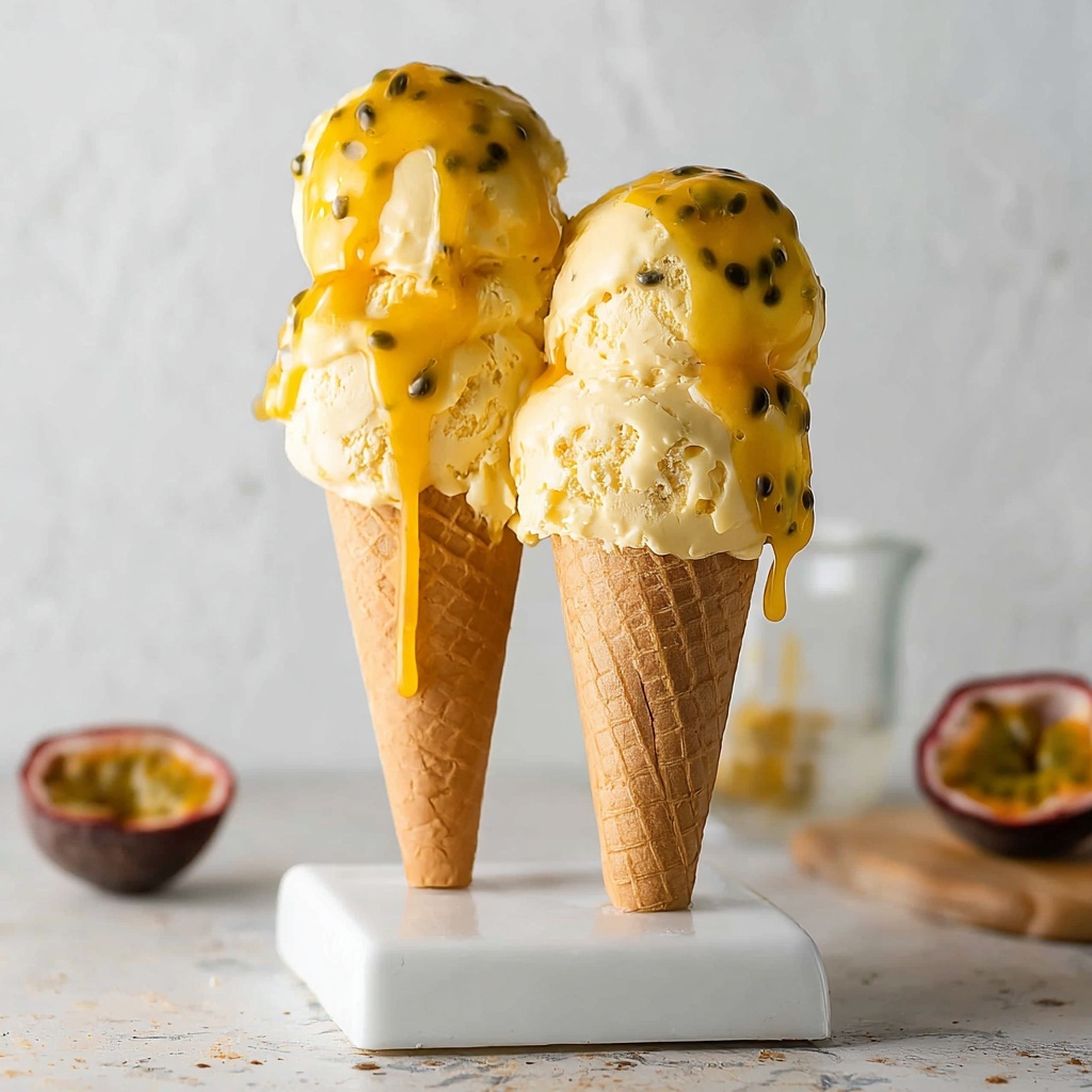 Passion Fruit No-Churn Ice Cream with Coconut and Passion Fruit Coulis Recipe - Recipe Image