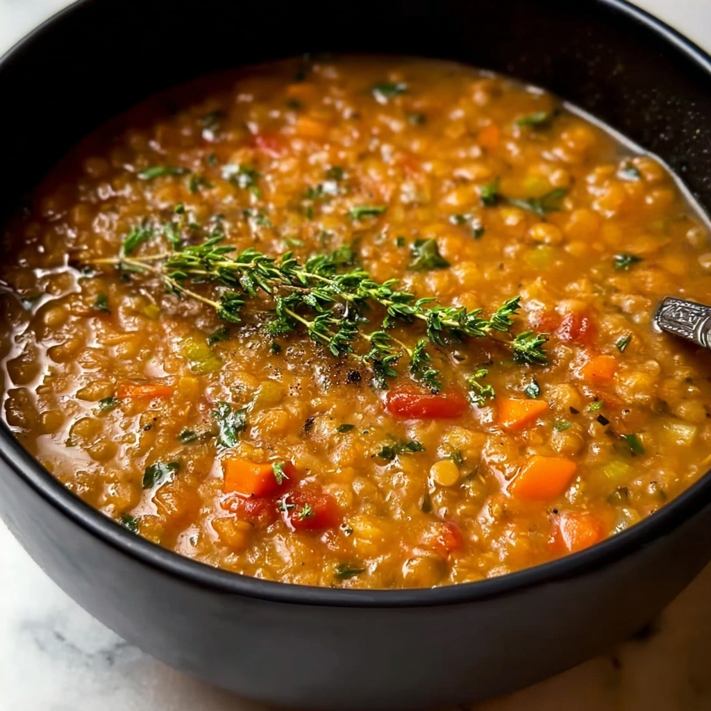 French Lentil Soup with Roasted Red Peppers and Herb-Infused Chicken Recipe - Recipe Image