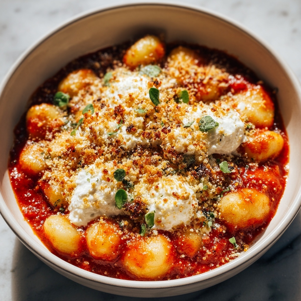 Millionaire Gnocchi with Red Sauce, Herbed Ricotta, and Golden Crispies Recipe - Recipe Image