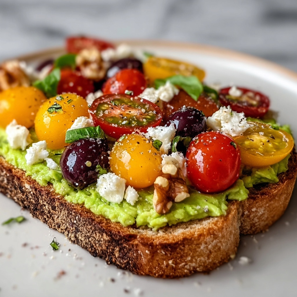 Avocado Toast with Feta, Cherry Tomatoes, Cranberries, and Walnuts Recipe - Recipe Image