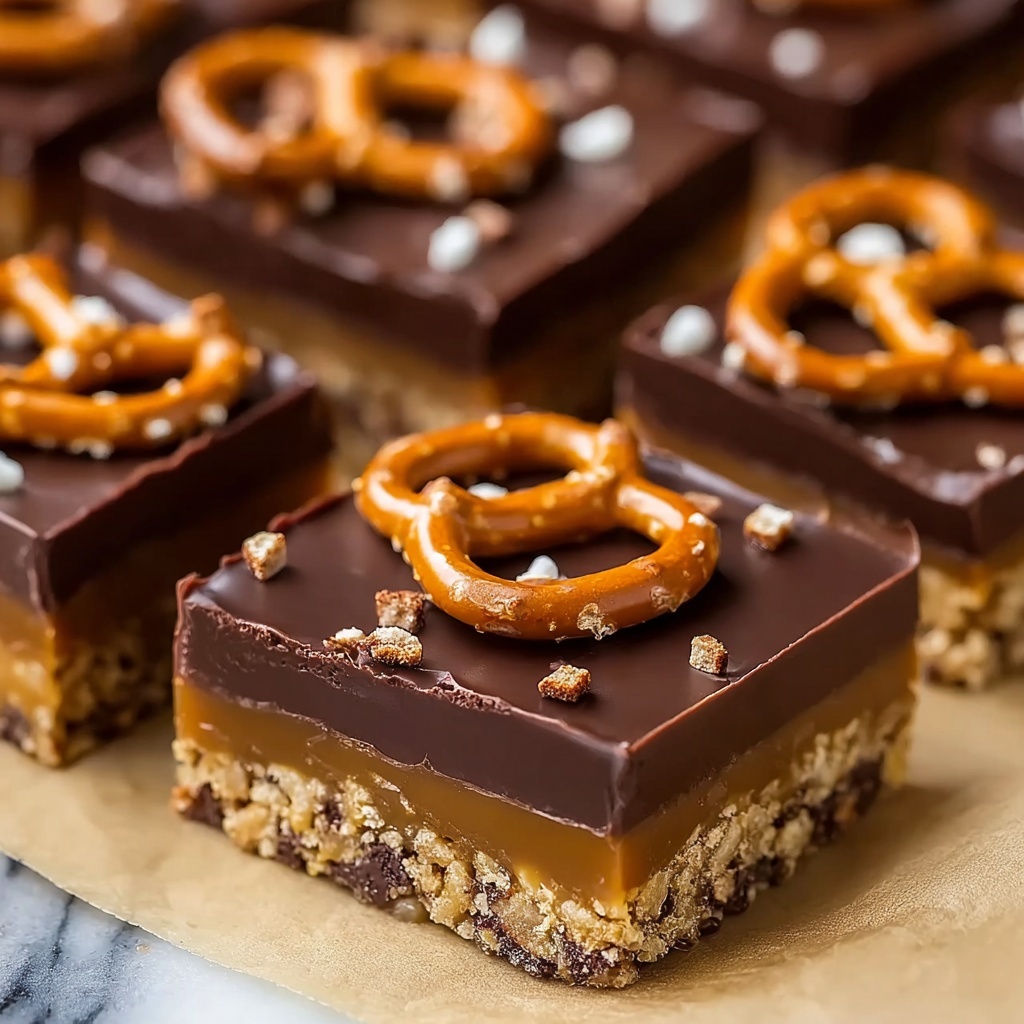Chocolate Caramel Peanut Butter Pretzel Bars Recipe - Recipe Image
