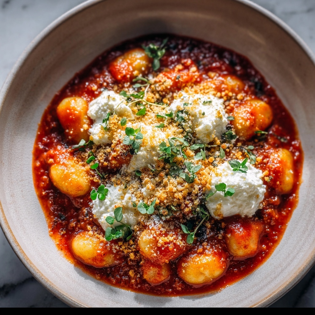 Millionaire Gnocchi with Red Sauce, Herbed Ricotta, and Golden Crispies Recipe - Recipe Image