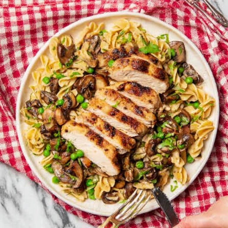 Chicken Besto Fettuccine with Balsamic Basil Sauce and Mushroom-Pea Cream Recipe