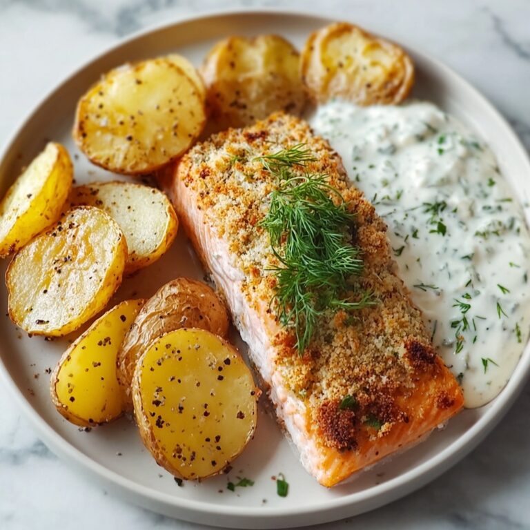 Dill Salmon with Crispy Potato Wedges and Creamy Pickle Dill Sauce Recipe