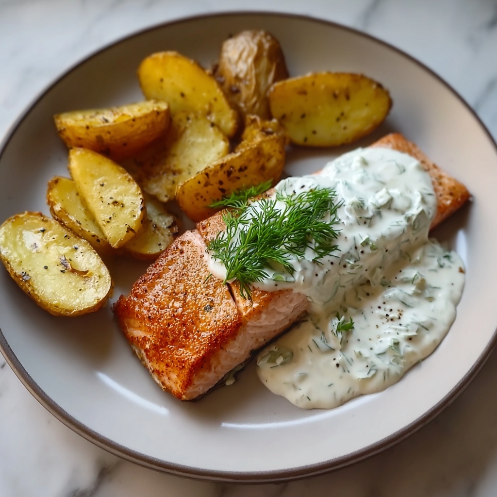 Dill Salmon with Crispy Potato Wedges and Creamy Pickle Dill Sauce Recipe - Recipe Image