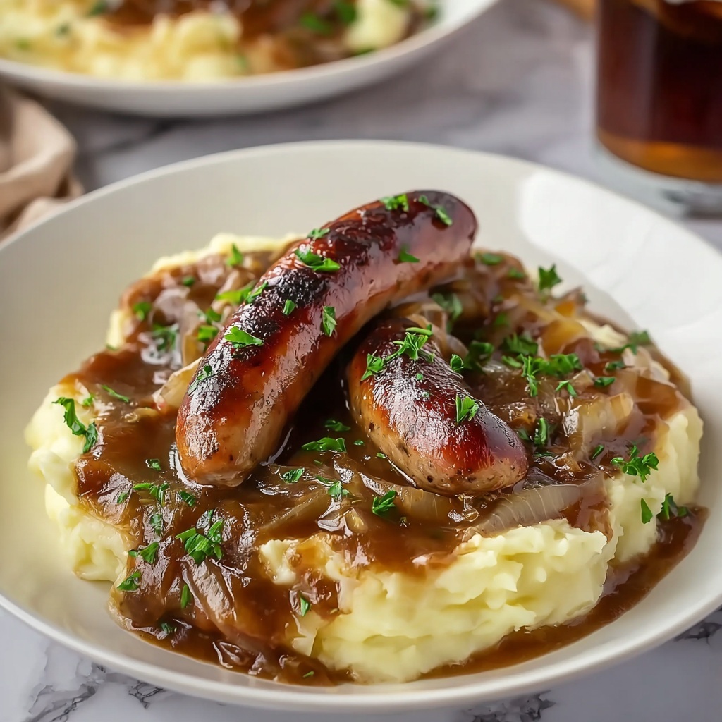 Bangers and Colcannon with Guinness Onion Gravy Recipe - Recipe Image