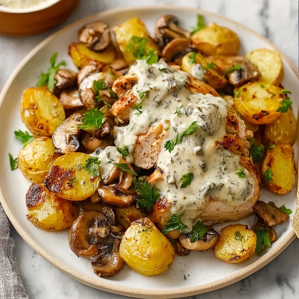 Creamy Garlic Mushroom Chicken Alfredo with Basil Pesto Potatoes Recipe - Recipe Image