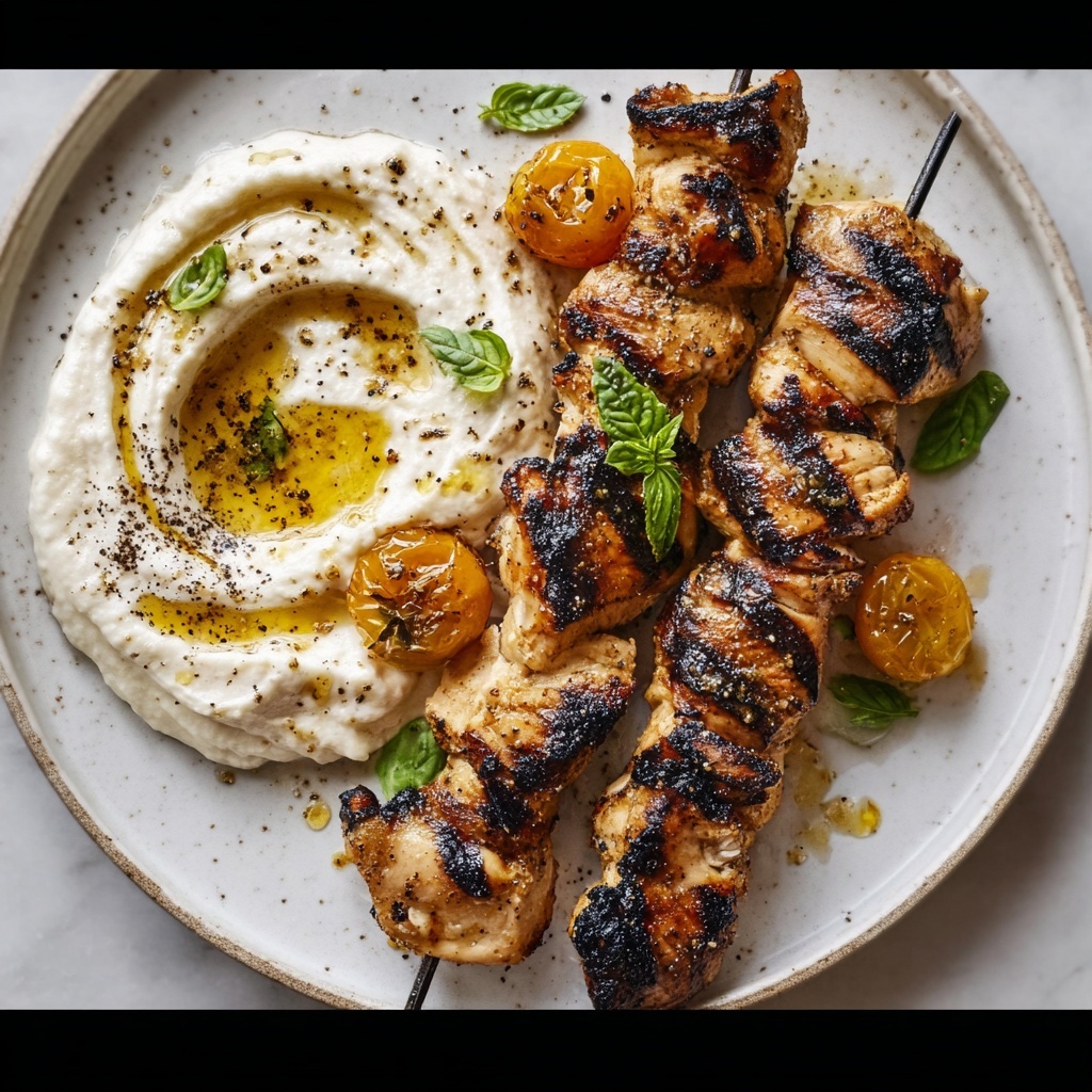 Basil and Garlic Grilled Chicken Skewers with Garlicky Whipped Ricotta Recipe - Recipe Image