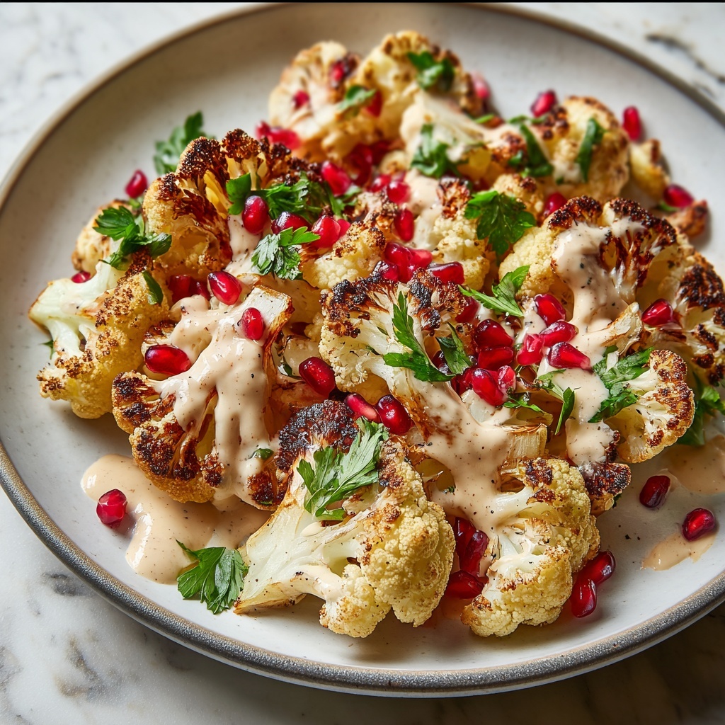 Roasted Cauliflower with Garlic Tahini Sauce and Pomegranate Recipe - Recipe Image