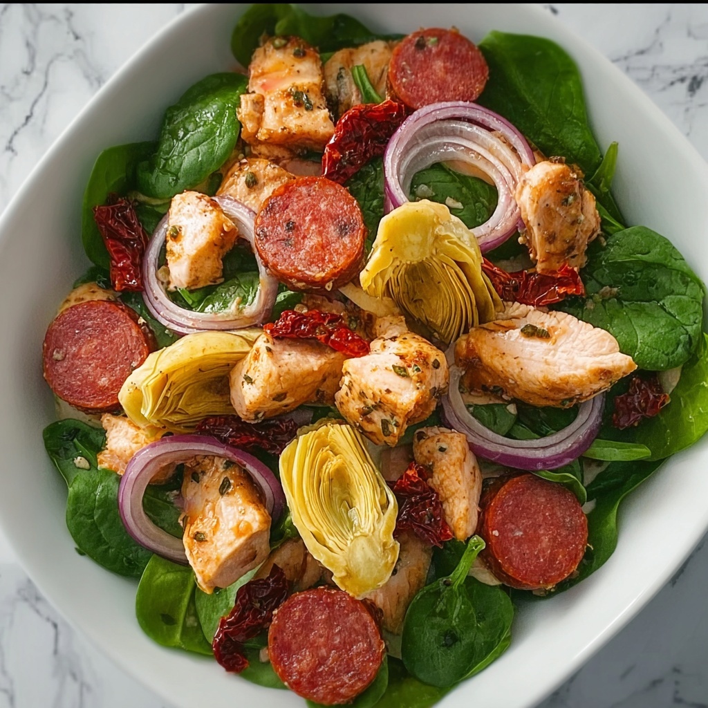 Italian Salad with Chicken, Spinach, Artichokes, Salami, Sun-Dried Tomatoes, and Red Onions Recipe - Recipe Image
