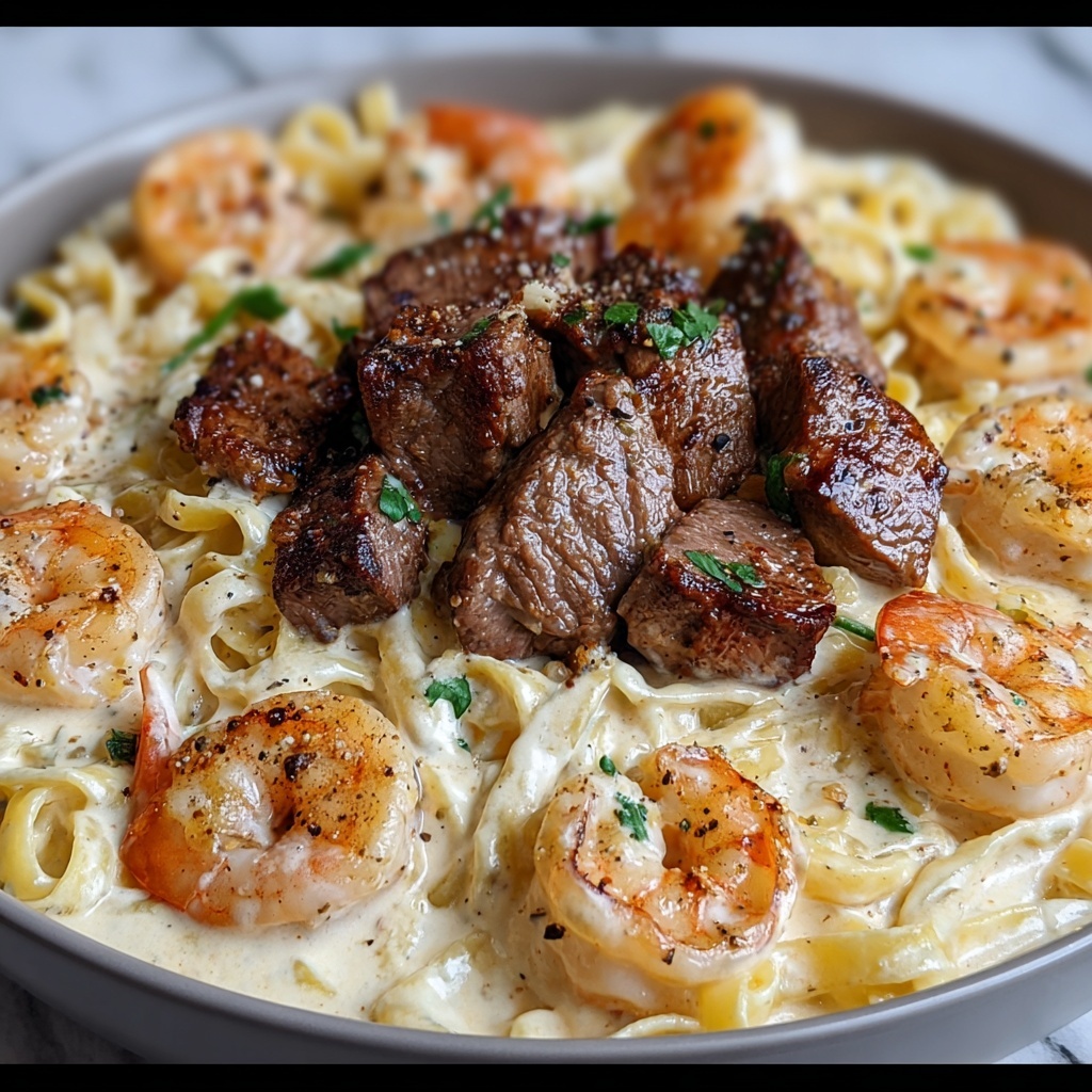 Cajun Shrimp and Steak Alfredo Pasta Recipe - Recipe Image