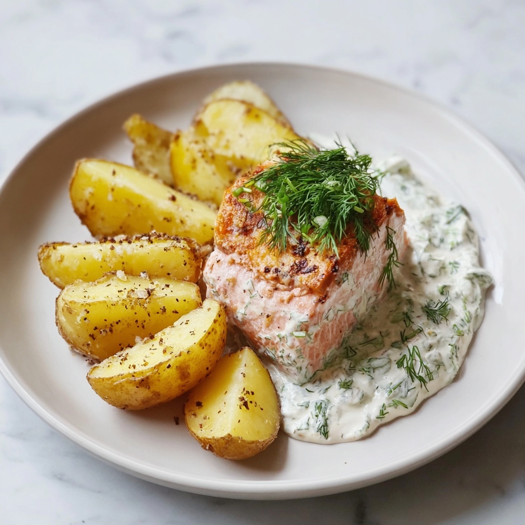 Dill Salmon with Crispy Potato Wedges and Creamy Pickle Dill Sauce Recipe - Recipe Image