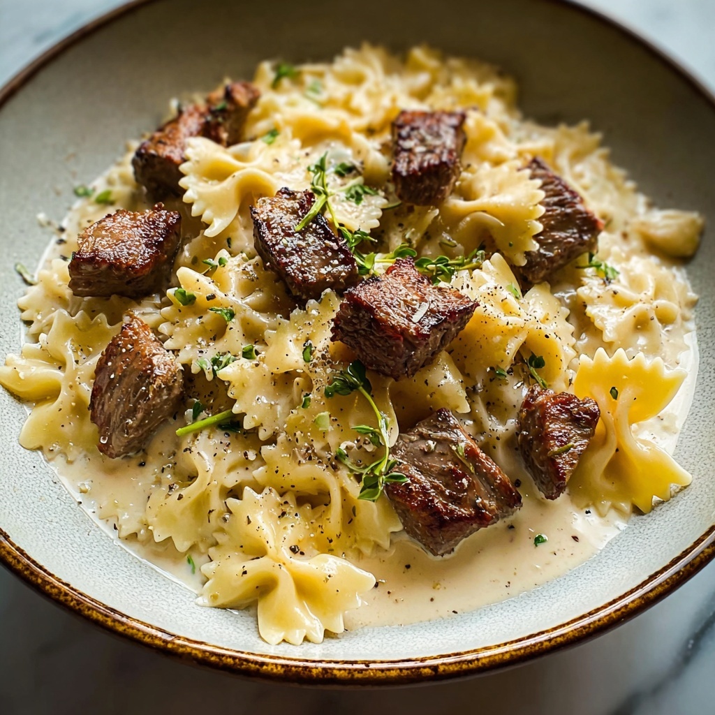 Beef and Bowtie Pasta with Alfredo Sauce Recipe - Recipe Image