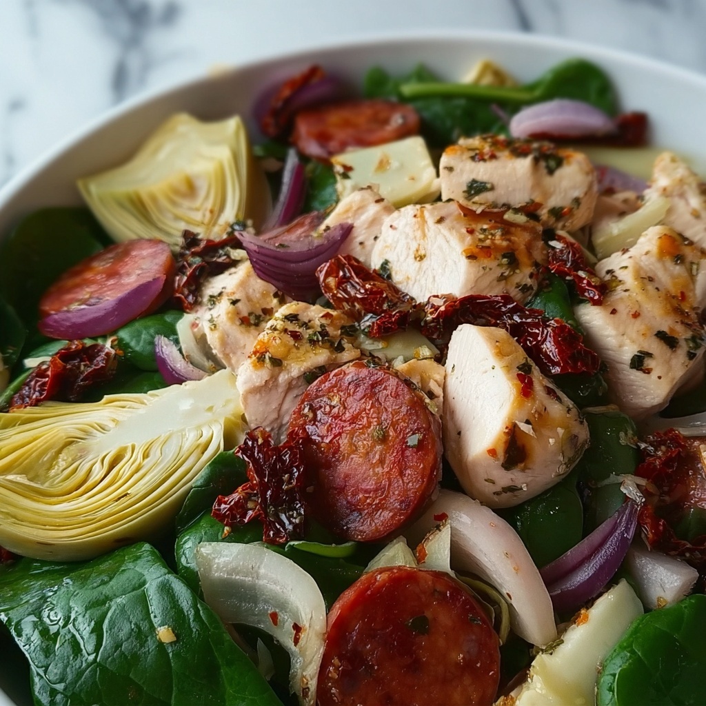 Italian Salad with Chicken, Spinach, Artichokes, Salami, Sun-Dried Tomatoes, and Red Onions Recipe - Recipe Image