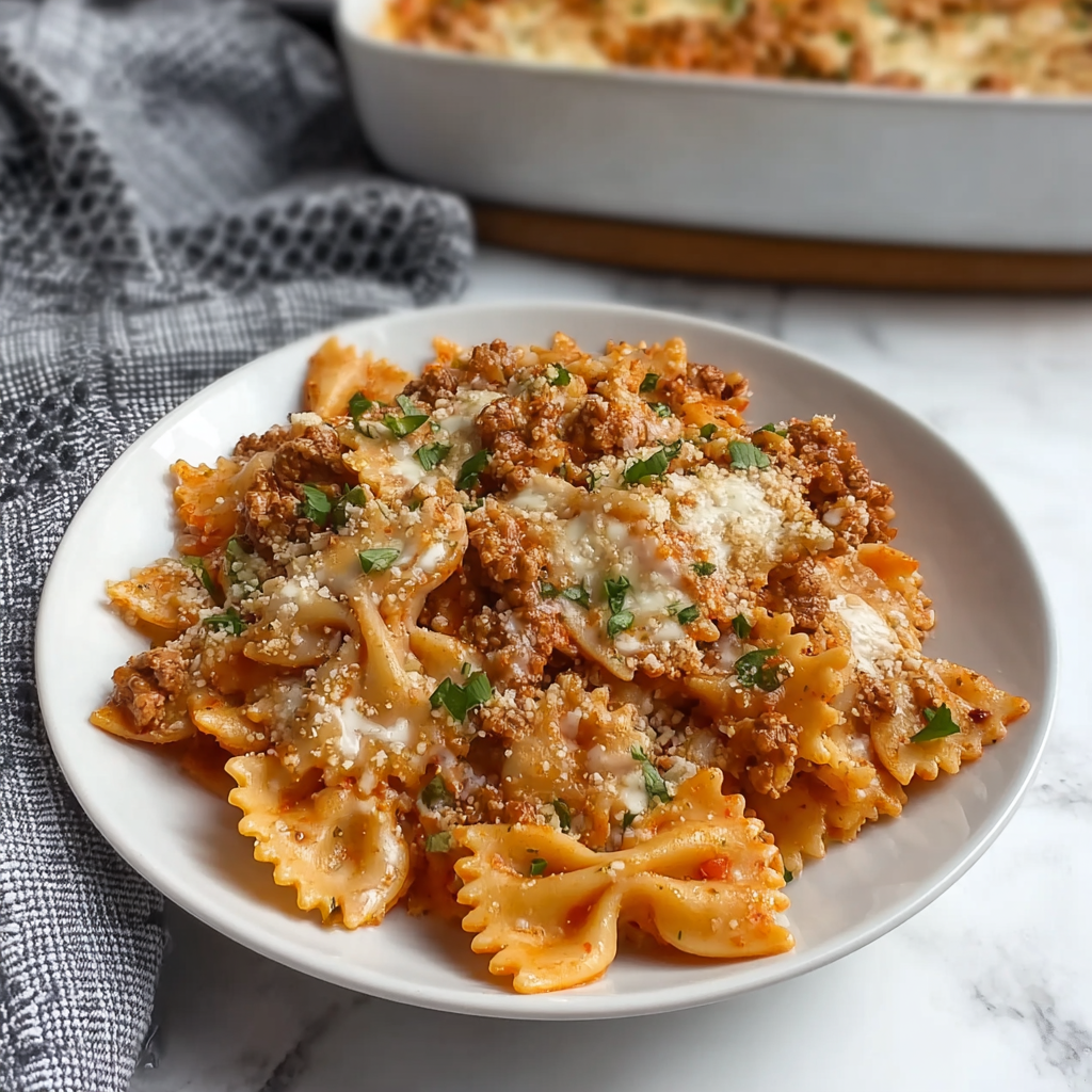 Bowtie Pasta Ziti Bake with Ground Beef and Melted Mozzarella Recipe - Recipe Image