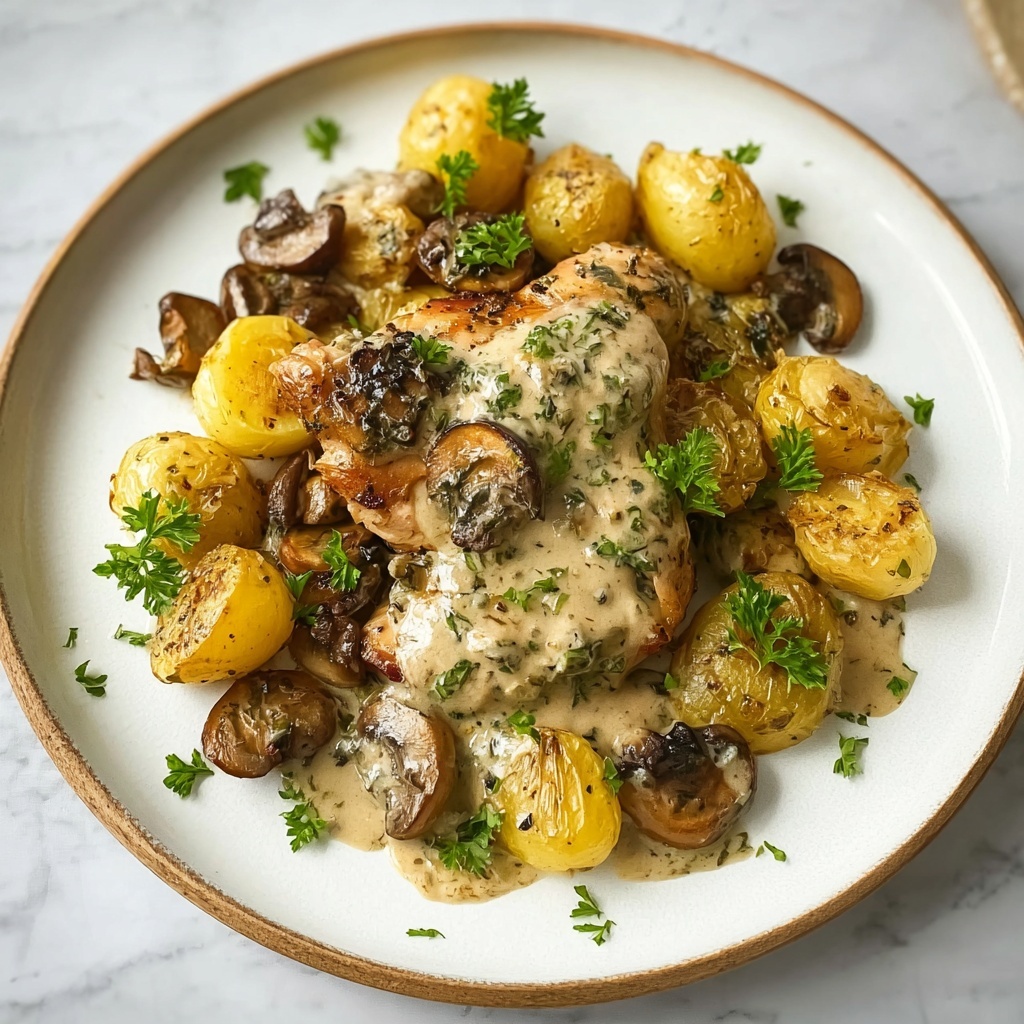 Creamy Garlic Mushroom Chicken Alfredo with Basil Pesto Potatoes Recipe - Recipe Image