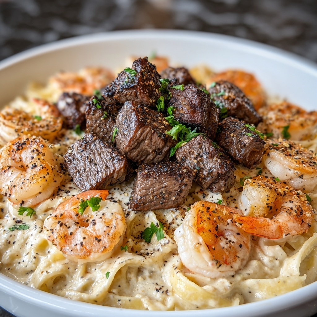 Cajun Shrimp and Steak Alfredo Pasta Recipe - Recipe Image